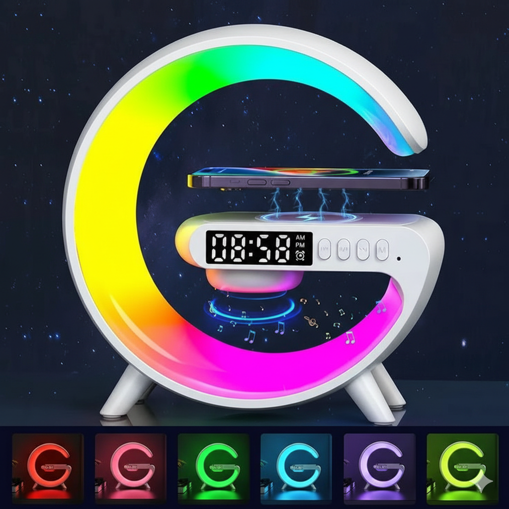 G63 RGB Bluetooth Speaker – 4-in-1 Wireless Charger, Alarm Clock & Desk Lamp G63 RGB Bluetooth Speaker – 4-in-1 Wireless Charger, Alarm Clock & Desk Lamp